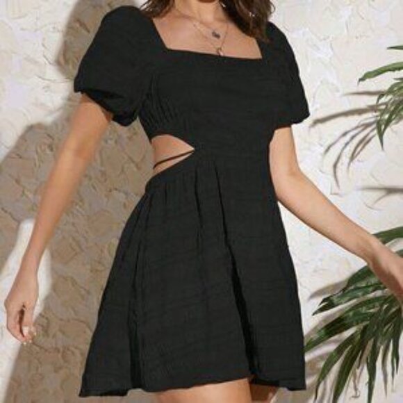 Black Casual Womens Square Neck Puff Sleeve Cut Out Waist Dress - Picture 2 of 5